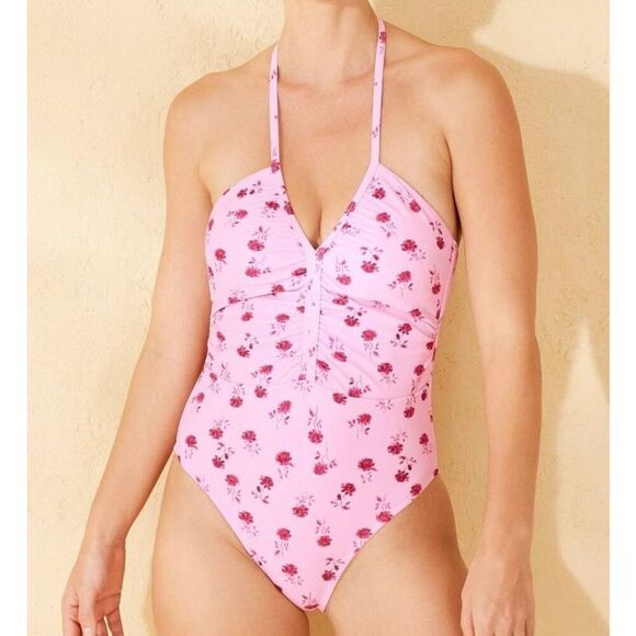 Shade & Shore Women's Halter Shirred Plunge Neck Medium Coverage One Piece Swims - Picture 9 of 11